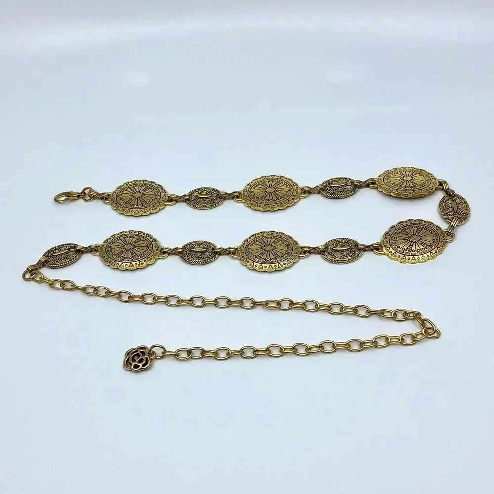 Vintage Y2K Boho Gold Medallion Chain Belt, Fits 22.5–38 Inches, X7GA1199
